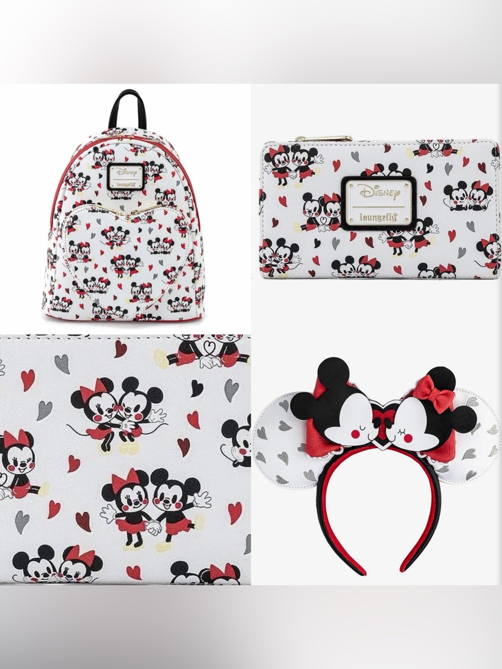 NWOT Loungefly Mickey Minnie Mouse Hearts & Love Backpack wallet headband SET